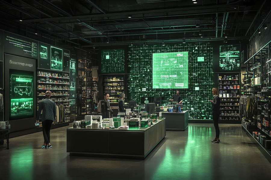 A bustling retail store showcasing the synergy of Retail Media and Trade Marketing: interactive digital screens displaying personalized product ads, a Trade Marketing team analyzing campaign data on tablets, and consumers engaging with smart shelves. The scene combines digital innovation with in-store marketing strategies. realistic, green, black and white color palette, Canon 7D, 128mm, f: 1.4 --ar 16:9