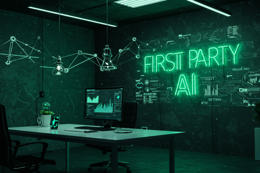 First Party AI, inteligência artificial vertical, first party data, diferenciação competitiva, barreiras de entrada, IA para empresas, personalização com IA, dados proprietários, AI First, transformação digital, marketing orientado por dados, fidelização com IA.