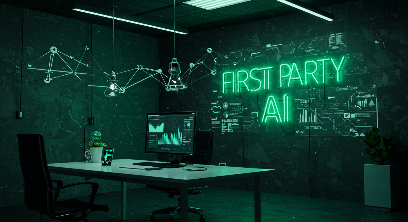 First Party AI, inteligência artificial vertical, first party data, diferenciação competitiva, barreiras de entrada, IA para empresas, personalização com IA, dados proprietários, AI First, transformação digital, marketing orientado por dados, fidelização com IA.